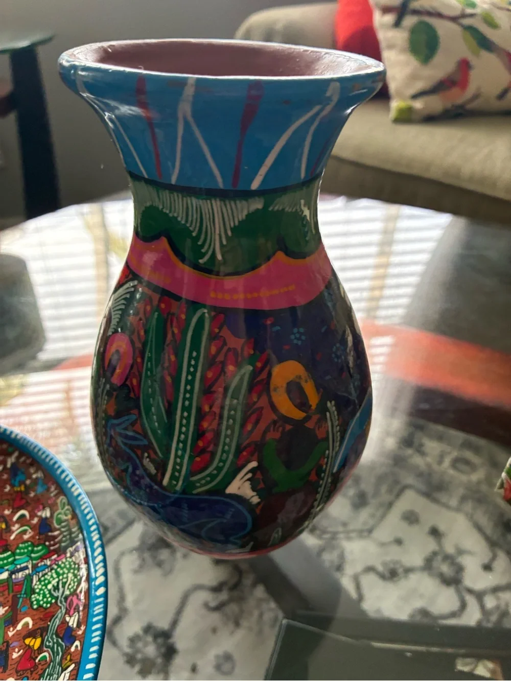Mexican Hand-Painted Multicolor Decorative Vase - Blue Accent
